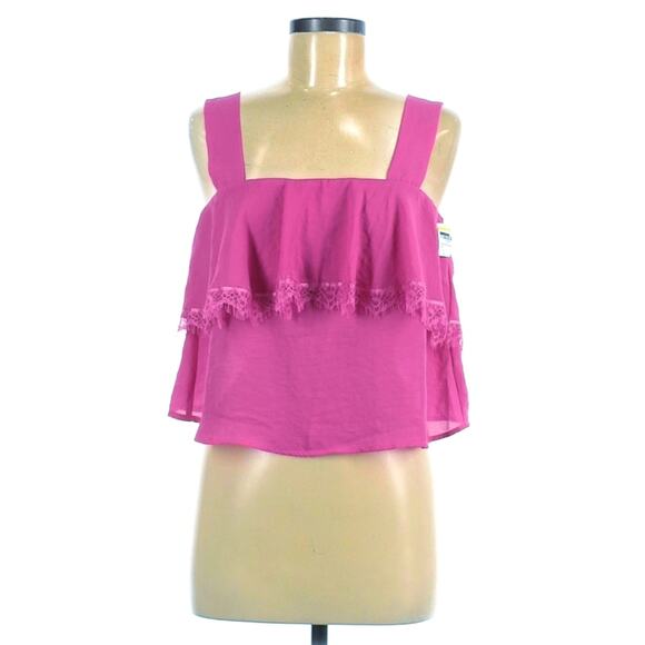 CAD lace detail popover ruffle cropped tank top blouse in raspberry pink S NEW - Picture 1 of 7